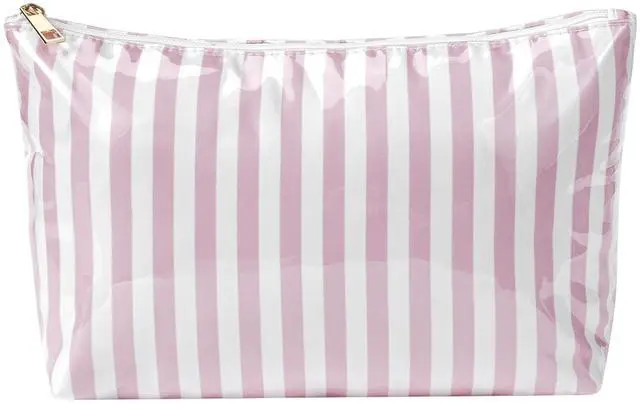 Main image of Large PVC Waterproof Striped Makeup Bag(04Pink Stripe) | Clear Coated, Easy to Clean Cosmetic Bags Travel Organizer Zipper Pouch Beach Vacation Essentials for Women Girls