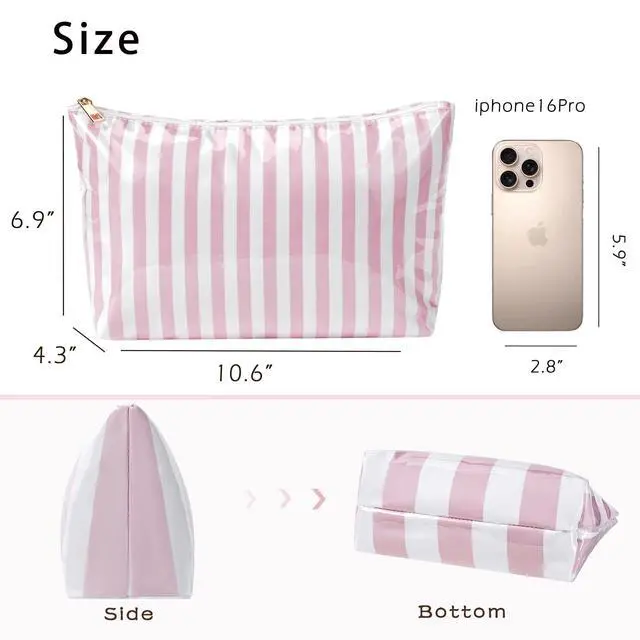 Alt view image 2 of 6 - Large PVC Waterproof Striped Makeup Bag(04Pink Stripe) | Clear Coated, Easy to Clean Cosmetic Bags Travel Organizer Zipper Pouch Beach Vacation Essentials for Women Girls