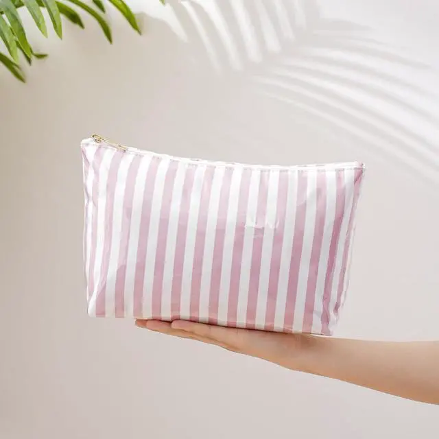 Alt view image 3 of 6 - Large PVC Waterproof Striped Makeup Bag(04Pink Stripe) | Clear Coated, Easy to Clean Cosmetic Bags Travel Organizer Zipper Pouch Beach Vacation Essentials for Women Girls