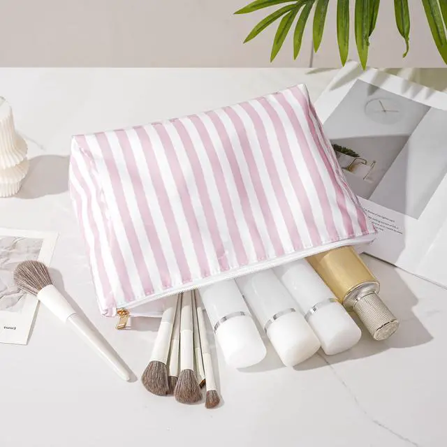 Alt view image 4 of 6 - Large PVC Waterproof Striped Makeup Bag(04Pink Stripe) | Clear Coated, Easy to Clean Cosmetic Bags Travel Organizer Zipper Pouch Beach Vacation Essentials for Women Girls