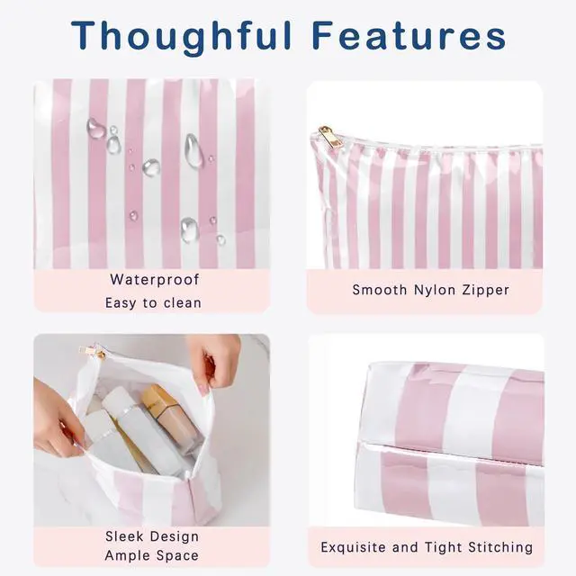 Alt view image 5 of 6 - Large PVC Waterproof Striped Makeup Bag(04Pink Stripe) | Clear Coated, Easy to Clean Cosmetic Bags Travel Organizer Zipper Pouch Beach Vacation Essentials for Women Girls