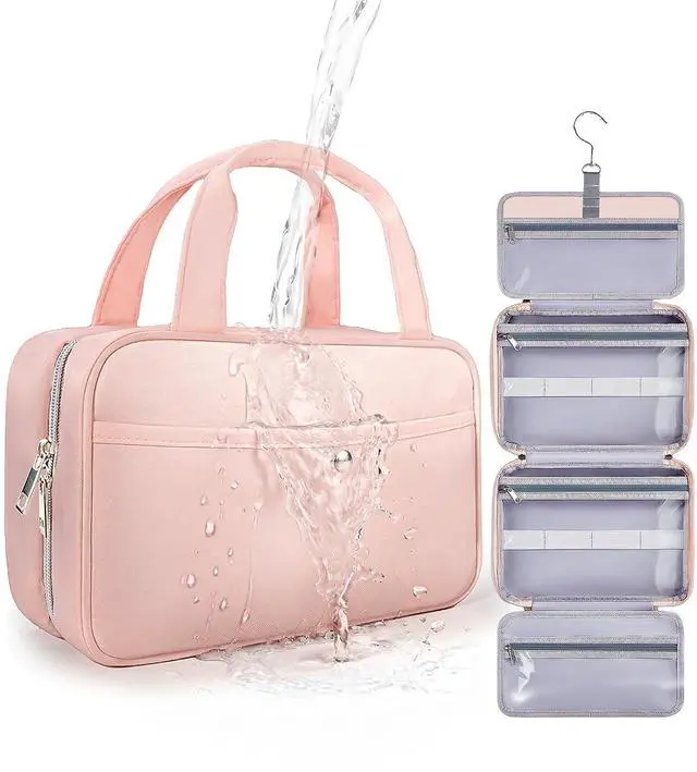 Main image of Travel Hanging Toiletry Bag for Women - Waterproof Cosmetic Organizer with Clear Window, Lightweight Bathroom Bags for Essentials, Makeup, Shampoo, Toiletries Pink, Medium