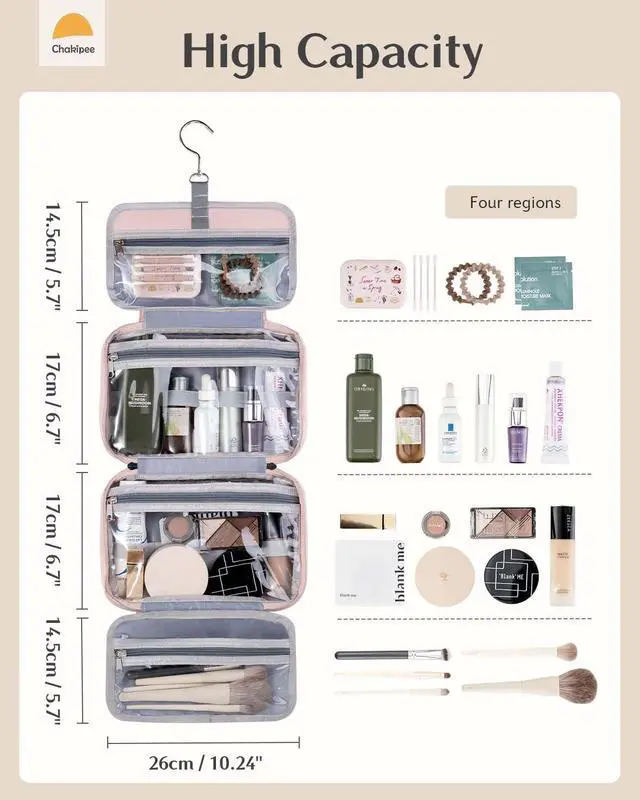 Alt view image 2 of 7 - Travel Hanging Toiletry Bag for Women - Waterproof Cosmetic Organizer with Clear Window, Lightweight Bathroom Bags for Essentials, Makeup, Shampoo, Toiletries Pink, Medium