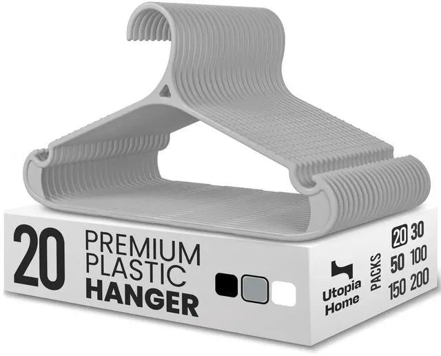 Main image of Plastic Hangers 20 Pack Non-Slip with Pants Bar Grey | Heavy duty | Non-slip shoulder grooves & notches | Anti-slip pants bar for increased grip