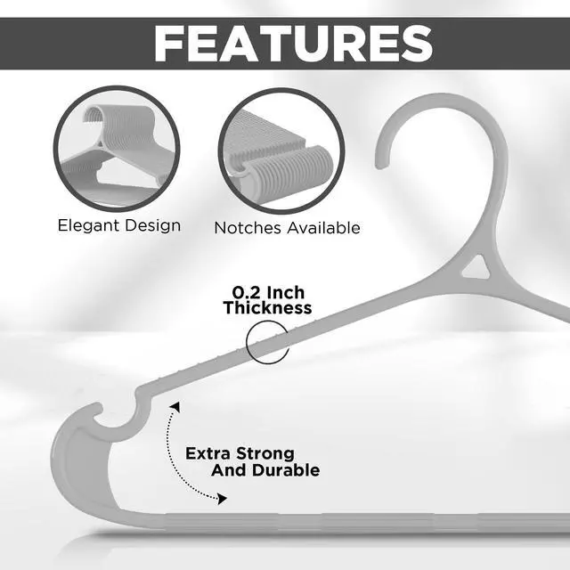 Alt view image 5 of 6 - Plastic Hangers 20 Pack Non-Slip with Pants Bar Grey | Heavy duty | Non-slip shoulder grooves & notches | Anti-slip pants bar for increased grip
