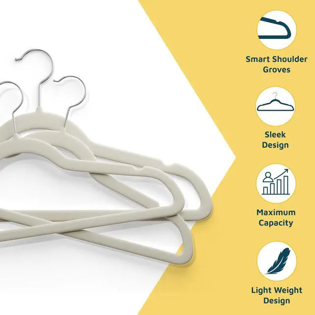 Alt view image 5 of 7 - Velvet Non-Slip Hangers - 20 Pieces Non-slip Coat Hanger Set with 360° Swivel Hook, Space-Saving, Sleek Design, Keep Closet Organized, Smooth Velvet Finish, Lightweight Construction - Ivory