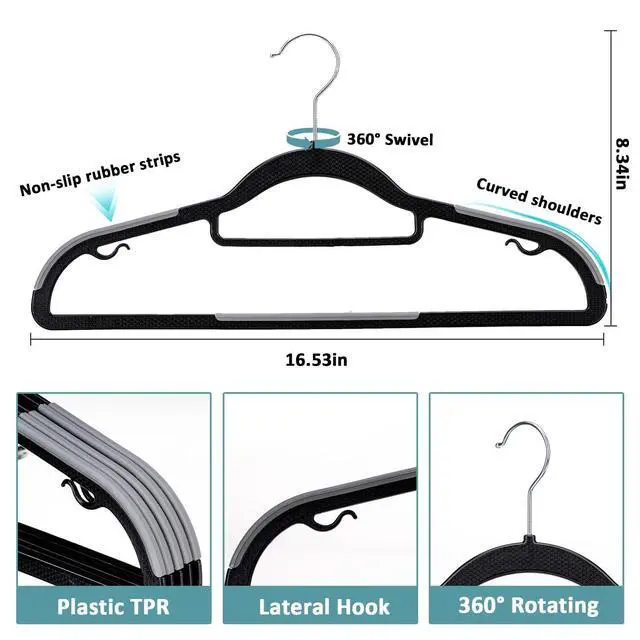 Alt view image 2 of 7 - 30-Pack Plastic Clothes Hangers, Space Saver, Non Slip, 360° Swivel Hook, 0.2 Inches Slim, Sturdy Heavy Duty Coat Hangers, Durable Hangers for Suits, Black and Dark Gray