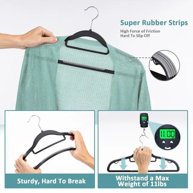 Alt view image 3 of 7 - 30-Pack Plastic Clothes Hangers, Space Saver, Non Slip, 360° Swivel Hook, 0.2 Inches Slim, Sturdy Heavy Duty Coat Hangers, Durable Hangers for Suits, Black and Dark Gray