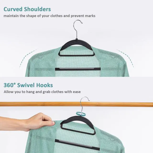 Alt view image 4 of 7 - 30-Pack Plastic Clothes Hangers, Space Saver, Non Slip, 360° Swivel Hook, 0.2 Inches Slim, Sturdy Heavy Duty Coat Hangers, Durable Hangers for Suits, Black and Dark Gray