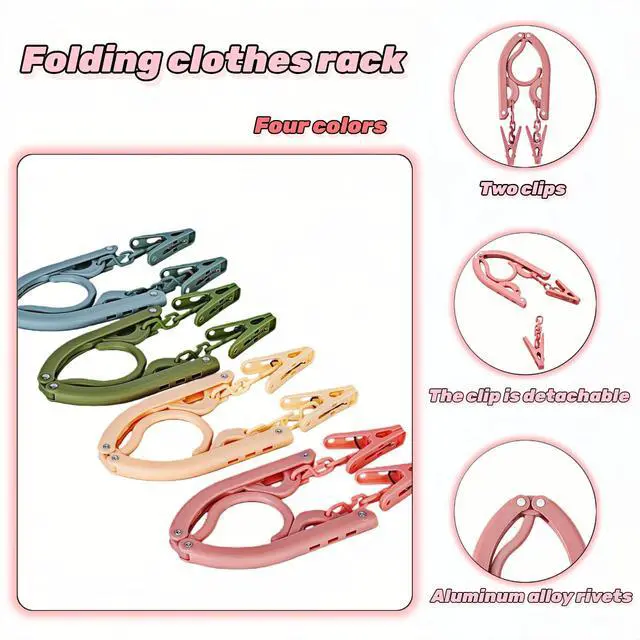 Alt view image 5 of 7 - Foldable Hangers 4 Pack - Travel Hangers Collapsible Space Saving, Non-Slip Clothes Hangers with Removable Clips for Suitcase, Camping, Business Trips & Home Closet Organization Four Colors