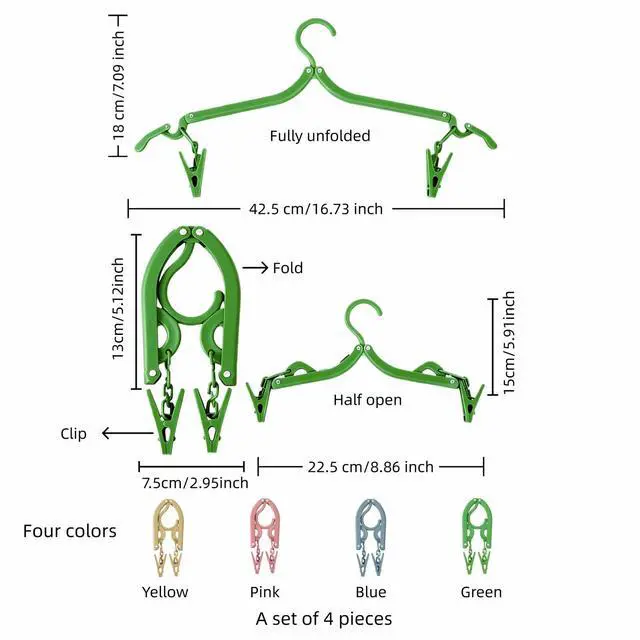 Alt view image 6 of 7 - Foldable Hangers 4 Pack - Travel Hangers Collapsible Space Saving, Non-Slip Clothes Hangers with Removable Clips for Suitcase, Camping, Business Trips & Home Closet Organization Four Colors