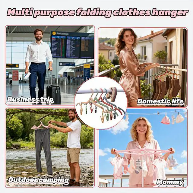 Alt view image 7 of 7 - Foldable Hangers 4 Pack - Travel Hangers Collapsible Space Saving, Non-Slip Clothes Hangers with Removable Clips for Suitcase, Camping, Business Trips & Home Closet Organization Four Colors