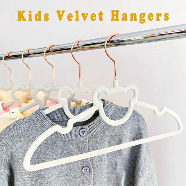 Alt view image 2 of 6 - 30 Pack Gray Velvet Kids Clothes Hangers - 12.6in for Ages 4-10, with Cute Bear, Rotating Rose Gold Hook, Non-Slip, Space-Saving Slim Felt Hangers for Toddler Coats, Jackets, Dresses