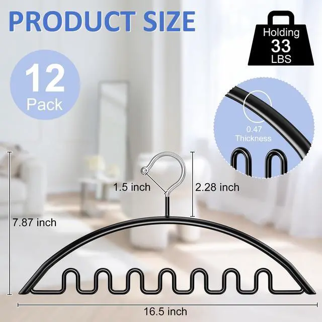 Alt view image 4 of 6 - Clothes Hanger 12 Pack, Sweater Hangers No Shoulder Bump, 16.5 Inch Wide Heavy Duty Metal Coat Hangers for Closet Non Slip PVC Coating Space Saving Hangers for Suits Dresses Jackets Bra Shirt Black