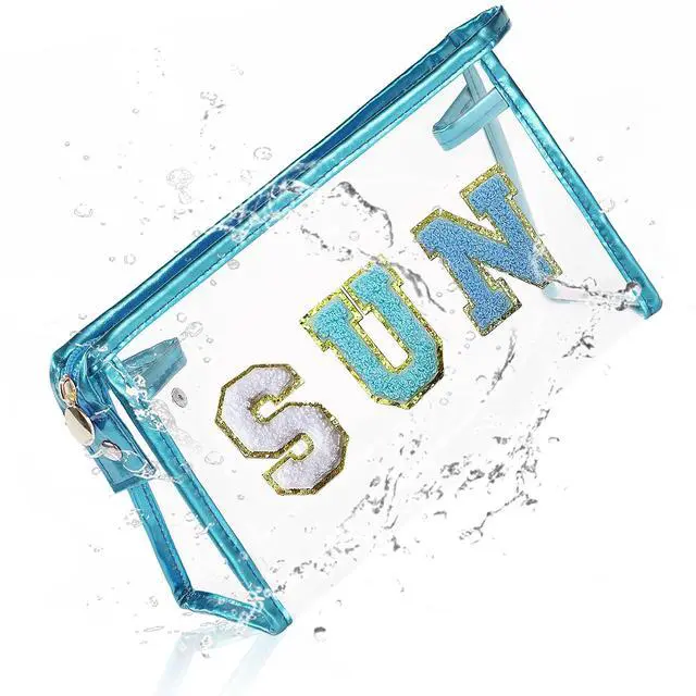 Main image of Clear Sunscreen Makeup Bag Beach Vacation Essentials Waterproof Summer Pool Must Have Accessories for Women Teen Girls Gifts, European Airplane Cruise Tropical Travel Toiletry Pouch Blue SUN