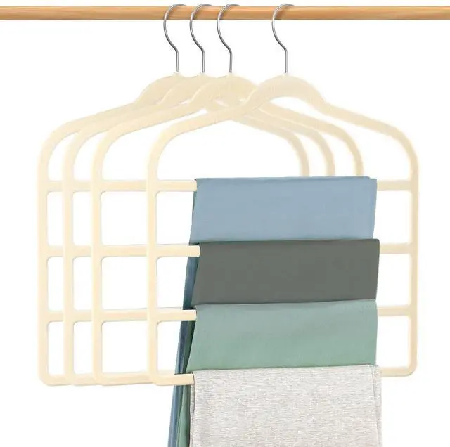 Main image of Velvet Hangers Space Saving Non Slip Pant Velvet Hangers Multi Layer Hanger | 4 Pack Beige Clothes Hangers Closet Organizer for Pants Trousers Scarf