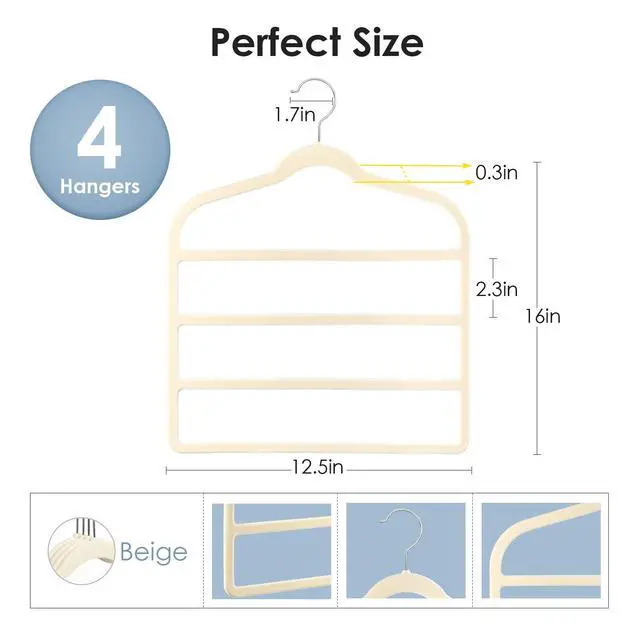 Alt view image 5 of 7 - Velvet Hangers Space Saving Non Slip Pant Velvet Hangers Multi Layer Hanger | 4 Pack Beige Clothes Hangers Closet Organizer for Pants Trousers Scarf