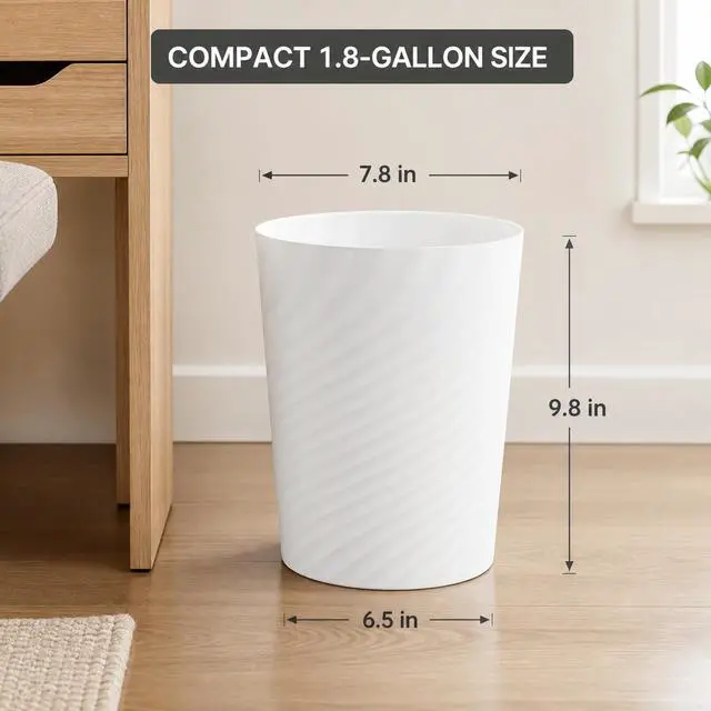 Alt view image 7 of 7 - Plastic Small Bathroom Trash Can Wastebasket Garbage Can, White | Sturdy-Easy to Clean, Bathroom, Laundry Room, Kitchen, Office, Kids Room, Dorm, Bedroom, 1.8 Gallon