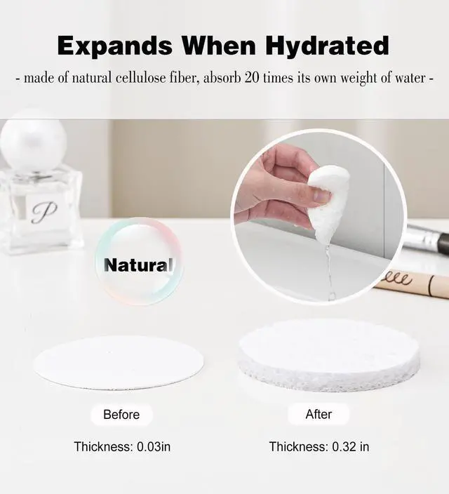Alt view image 3 of 7 - Facial Sponges 50 Count Compressed Spa Sponges for Face Clean | 100% Natural Cellulose, Exfoliating Sponge, Face Scrubber Exfoliator, Deep Pore Cleansing, Travel Size, 2.8" dia. x 0.32"