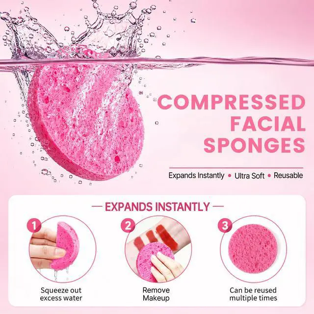 Alt view image 2 of 7 - 100-Count Compressed Facial Sponges, Natural Cellulose, Pink | Face Sponges for Cleansing, Slight Exfoliating, Washing face, Makeup Removal, Spa Use, Travel Skincare Essentials for Women