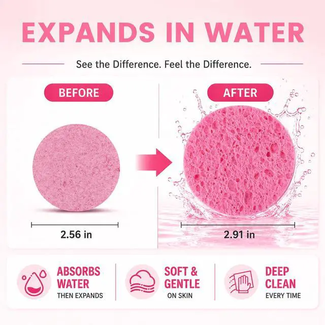 Alt view image 3 of 7 - 100-Count Compressed Facial Sponges, Natural Cellulose, Pink | Face Sponges for Cleansing, Slight Exfoliating, Washing face, Makeup Removal, Spa Use, Travel Skincare Essentials for Women