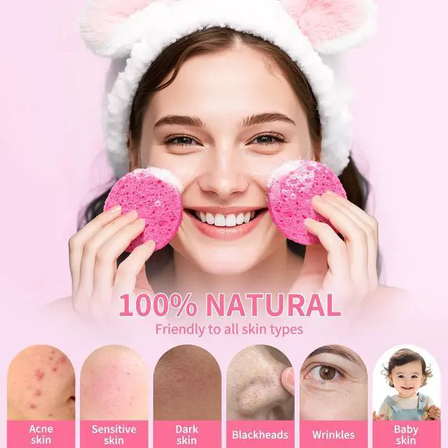 Alt view image 4 of 7 - 100-Count Compressed Facial Sponges, Natural Cellulose, Pink | Face Sponges for Cleansing, Slight Exfoliating, Washing face, Makeup Removal, Spa Use, Travel Skincare Essentials for Women