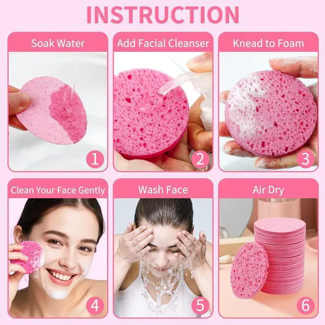 Alt view image 5 of 7 - 100-Count Compressed Facial Sponges, Natural Cellulose, Pink | Face Sponges for Cleansing, Slight Exfoliating, Washing face, Makeup Removal, Spa Use, Travel Skincare Essentials for Women