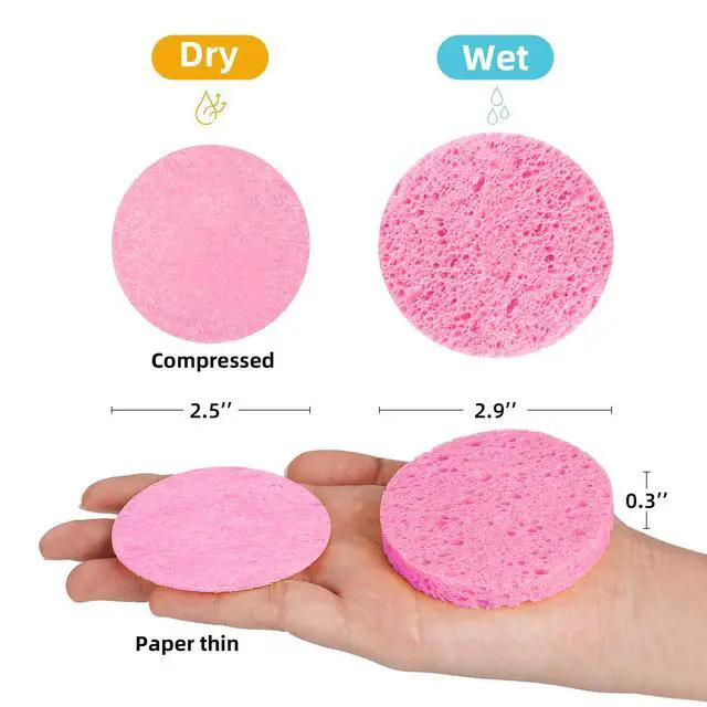 Alt view image 2 of 7 - 50-Count Compressed Facial sponges for Daily Facial Cleaning,Pink | 100% Natural Cellulose Cosmetic Spa Sponges for Makeup Mask Removal|Exfoliating|Skin Massage|Pore Exfoliation