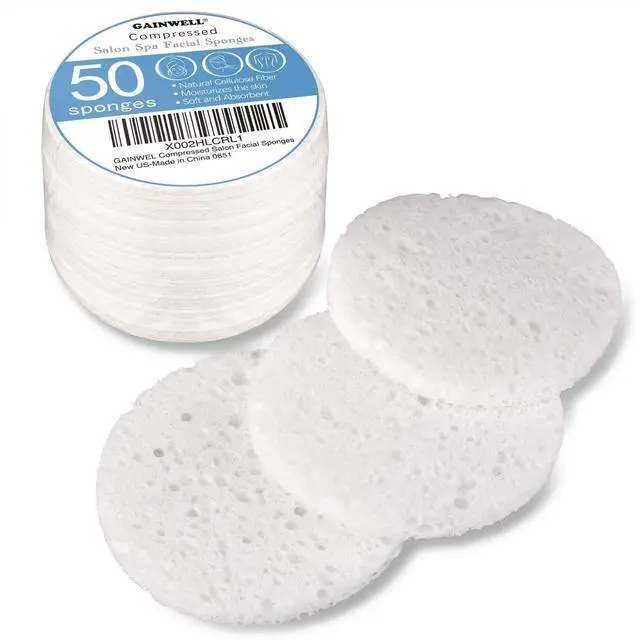 Main image of 50-Count Compressed Facial Sponges, White Cellulose 100% Natural Cosmetic Spa Sponges for Facial Cleansing, Exfoliating Mask, Makeup Removal