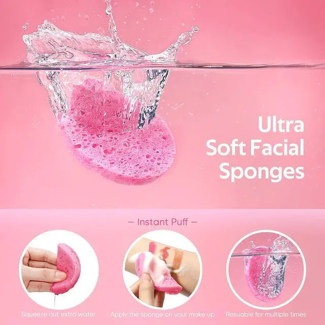 Alt view image 2 of 7 - 50-Count Compressed Facial Sponge for Daily Facial Cleansing and Exfoliating, 100 Natural Cosmetic Spa Sponges for Makeup Remover, Reusable, Pink