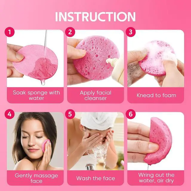 Alt view image 3 of 7 - 50-Count Compressed Facial Sponge for Daily Facial Cleansing and Exfoliating, 100 Natural Cosmetic Spa Sponges for Makeup Remover, Reusable, Pink