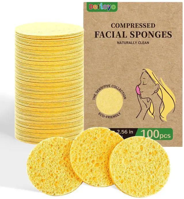 Main image of 100-Count Compressed Facial Sponges, Yellow | Natural Cosmetic Spa Sponges, Facial Cleansing, Slight Exfoliating Mask, Makeup Remover, Travel Face Sponges
