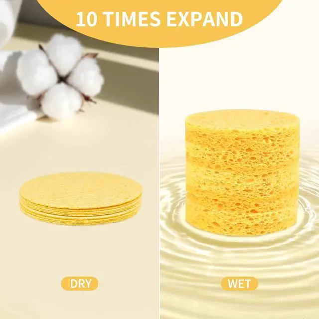 Alt view image 2 of 7 - 100-Count Compressed Facial Sponges, Yellow | Natural Cosmetic Spa Sponges, Facial Cleansing, Slight Exfoliating Mask, Makeup Remover, Travel Face Sponges