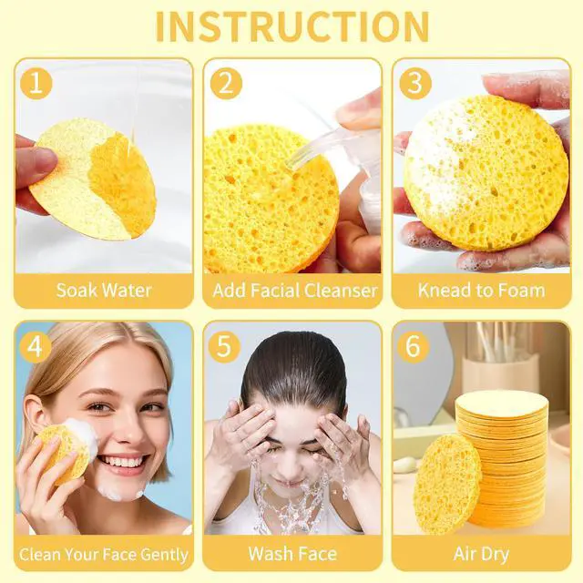 Alt view image 4 of 7 - 100-Count Compressed Facial Sponges, Yellow | Natural Cosmetic Spa Sponges, Facial Cleansing, Slight Exfoliating Mask, Makeup Remover, Travel Face Sponges