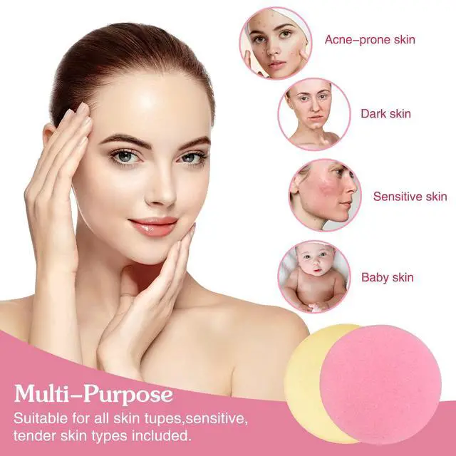 Alt view image 6 of 7 - 120 Pcs Facial Sponge Compressed,Face Cleansing Sponge Makeup Removal Sponge Pad,Exfoliating Wash Round Sponge for Women,Girls(Pink,Yellow)