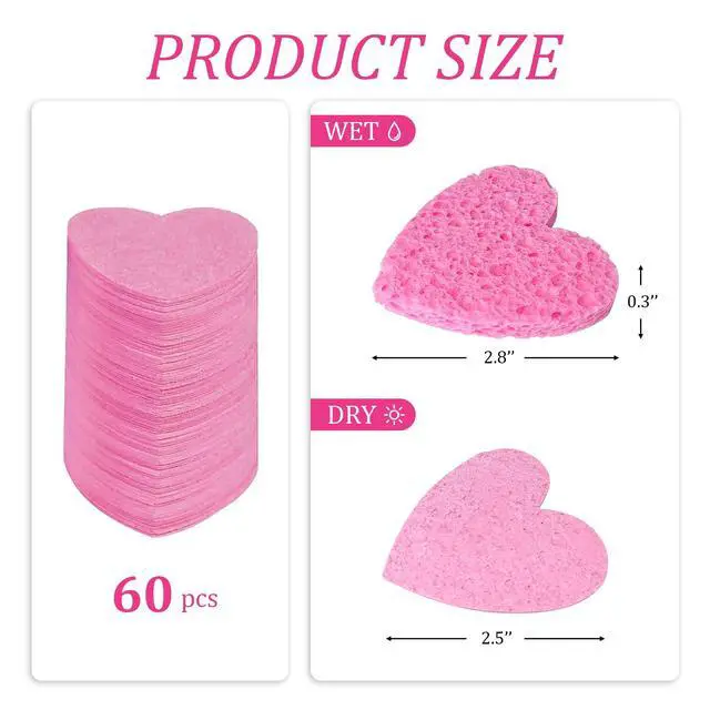 Alt view image 2 of 6 - 50-Count Compressed Cellulose Heart Shape Facial Sponges,Pink | | Natural Cosmetic Spa Sponges for Facial Cleansing | Exfoliating | Makeup Mask Removal | Reusable | Skin Massage