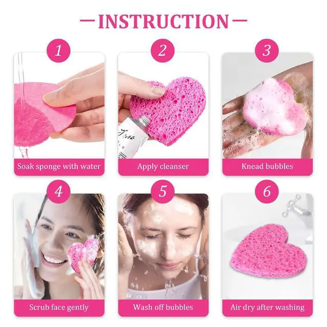 Alt view image 5 of 6 - 50-Count Compressed Cellulose Heart Shape Facial Sponges,Pink | | Natural Cosmetic Spa Sponges for Facial Cleansing | Exfoliating | Makeup Mask Removal | Reusable | Skin Massage