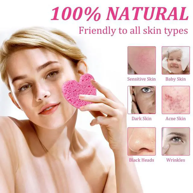 Alt view image 6 of 6 - 50-Count Compressed Cellulose Heart Shape Facial Sponges,Pink | | Natural Cosmetic Spa Sponges for Facial Cleansing | Exfoliating | Makeup Mask Removal | Reusable | Skin Massage