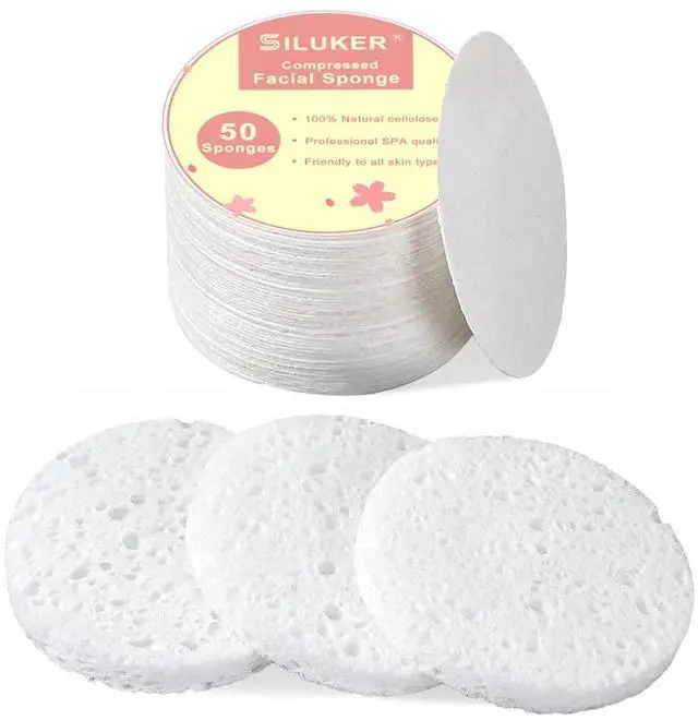 Main image of 50-Count Compressed Facial Sponges for Daily Face Cleansing, White | 100% Natural Reusable Spa Cosmetic Sponges, Exfoliating Face Scrubbers, Makeup Remover, Travel Essentials, 2.9" Dia. x 0.32"