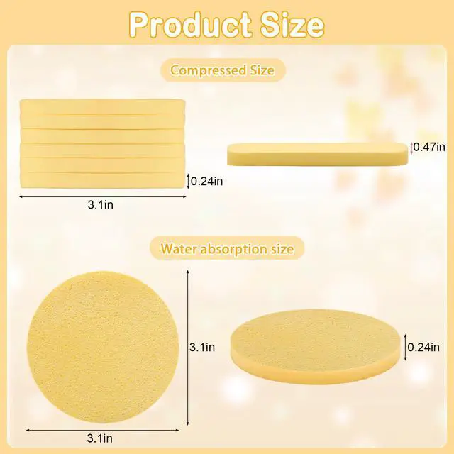 Alt view image 2 of 6 - 120P Yellow Compressed Facial Sponges, Cleansing Estheticians Sponge | 120 Yellow Round Face Sponges, Expands In Water, Soft and Safe For Face Cleansing, Makeup Removal, Exfoliating, Lotion Use