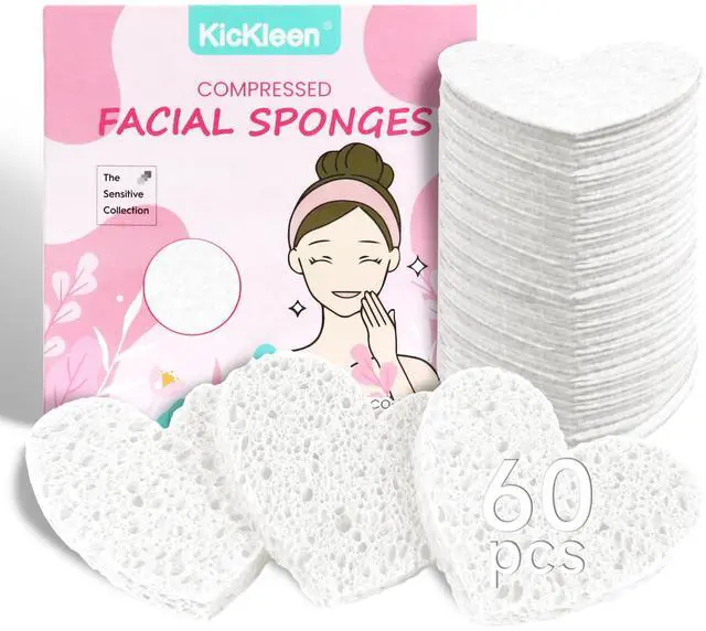 Main image of 60-Count Kickleen Compressed Cellulose Heart Shape Facial Sponges,White | 100% Natural Cosmetic Spa Sponges for Facial Cleansing | Exfoliating | Makeup and Mask Removal | Reusable |Skin Massage