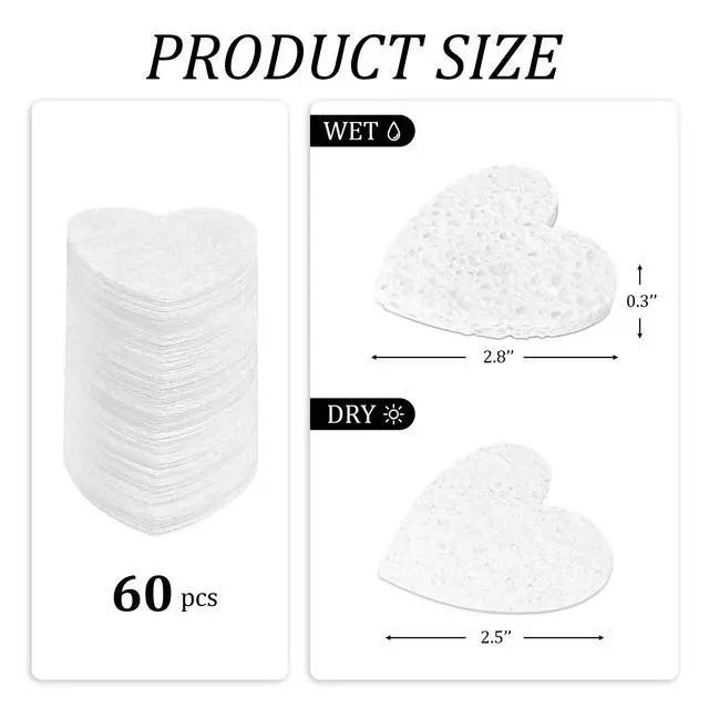 Alt view image 3 of 6 - 60-Count Kickleen Compressed Cellulose Heart Shape Facial Sponges,White | 100% Natural Cosmetic Spa Sponges for Facial Cleansing | Exfoliating | Makeup and Mask Removal | Reusable |Skin Massage