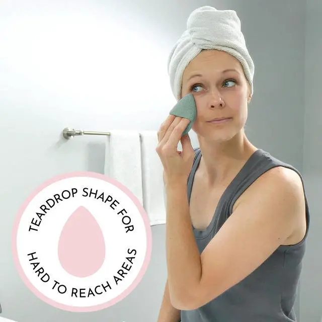Alt view image 3 of 6 - Face Scrubber, 2 Pack, 2.6" x 3.9", Grey and Sage | Teardrop Shape Face Sponge, Exfoliation Pad, Makeup Remover, Reusable