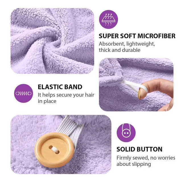 Alt view image 3 of 7 - Larger Microfiber Hair Towel Wrap for Women, Purple, 30" X 10.2" | 10"X26", Anti Hair Frizz, Fast Drying & No Dripping, Secure Fit with Durable Button, Large Size for Long Short Curly Hair