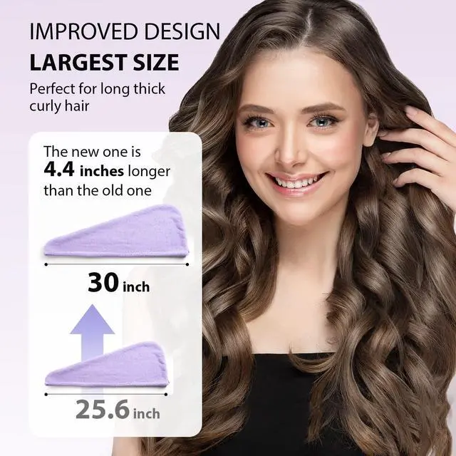 Alt view image 6 of 7 - Larger Microfiber Hair Towel Wrap for Women, Purple, 30" X 10.2" | 10"X26", Anti Hair Frizz, Fast Drying & No Dripping, Secure Fit with Durable Button, Large Size for Long Short Curly Hair
