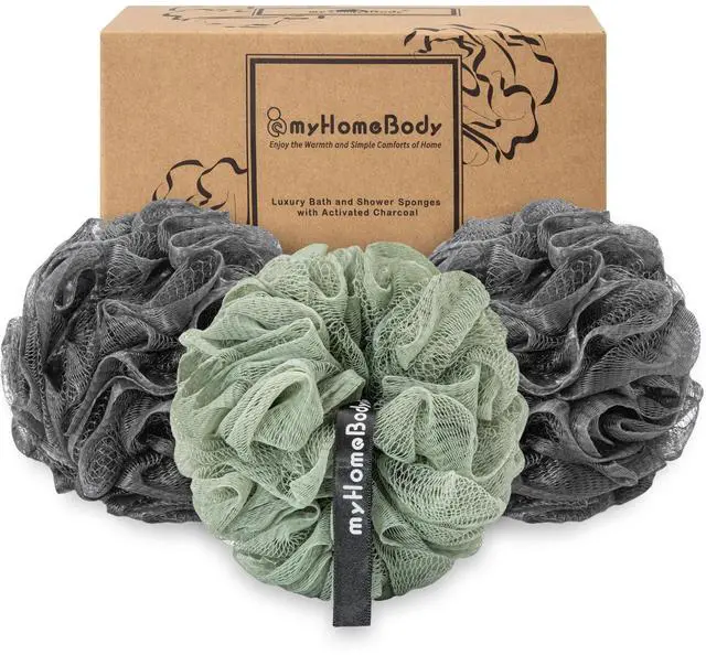 Main image of Large 70g Loofah Sponge, 2 Graphite Gray + 1 Sage Green, 3 Pack | Exfoliating Shower Pouf with Activated Charcoal, Bath Body Scrubber for Women, Men, Shower Loofah, Body Wash, Loofah Sponge