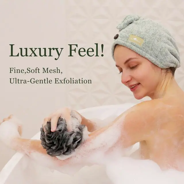 Alt view image 2 of 6 - Large 70g Loofah Sponge, 2 Graphite Gray + 1 Sage Green, 3 Pack | Exfoliating Shower Pouf with Activated Charcoal, Bath Body Scrubber for Women, Men, Shower Loofah, Body Wash, Loofah Sponge