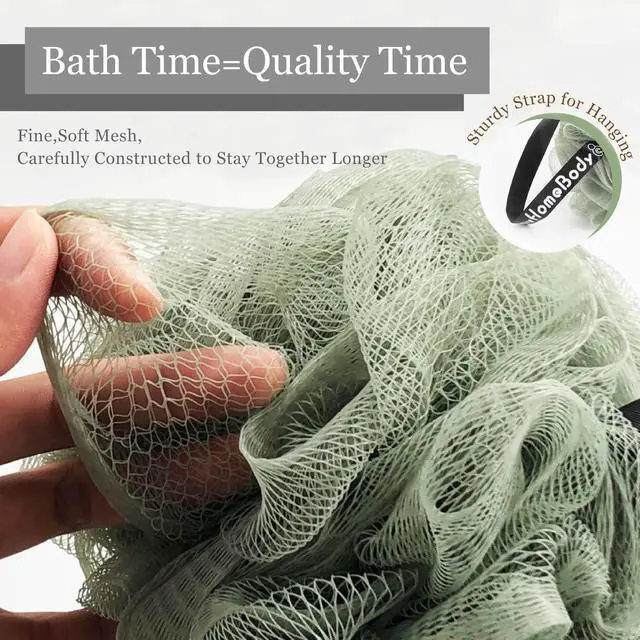 Alt view image 3 of 6 - Large 70g Loofah Sponge, 2 Graphite Gray + 1 Sage Green, 3 Pack | Exfoliating Shower Pouf with Activated Charcoal, Bath Body Scrubber for Women, Men, Shower Loofah, Body Wash, Loofah Sponge