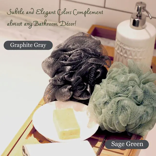Alt view image 4 of 6 - Large 70g Loofah Sponge, 2 Graphite Gray + 1 Sage Green, 3 Pack | Exfoliating Shower Pouf with Activated Charcoal, Bath Body Scrubber for Women, Men, Shower Loofah, Body Wash, Loofah Sponge
