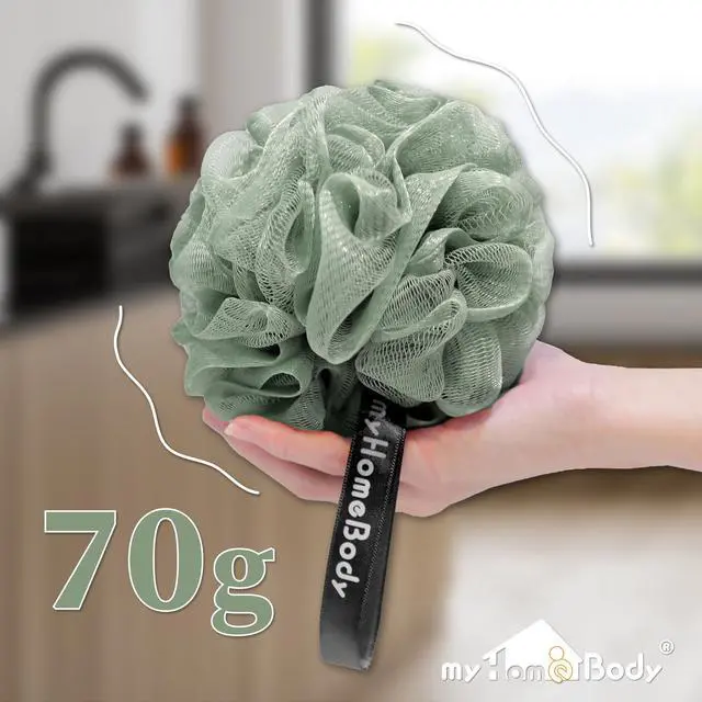 Alt view image 5 of 6 - Large 70g Loofah Sponge, 2 Graphite Gray + 1 Sage Green, 3 Pack | Exfoliating Shower Pouf with Activated Charcoal, Bath Body Scrubber for Women, Men, Shower Loofah, Body Wash, Loofah Sponge